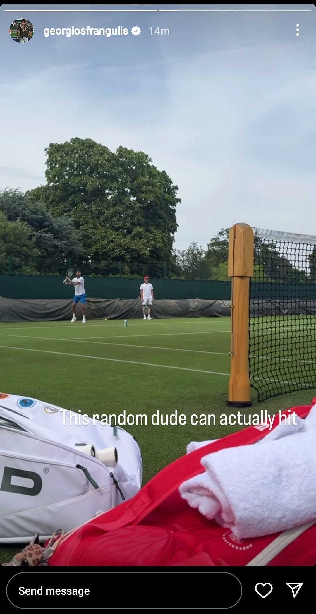 Sabalenka's boyfriend Georgios' Instagram Story poking fun at the Serb, dated Wednesday, June 25, 2025 (Source: Instagram/georgiosfrangulis)